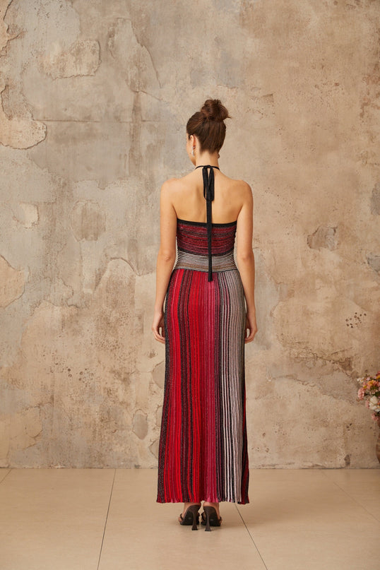 Laney Red Metallic Knit Halter-Neck Maxi Dress