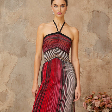Laney Red Metallic Knit Halter Neck Maxi Dress
