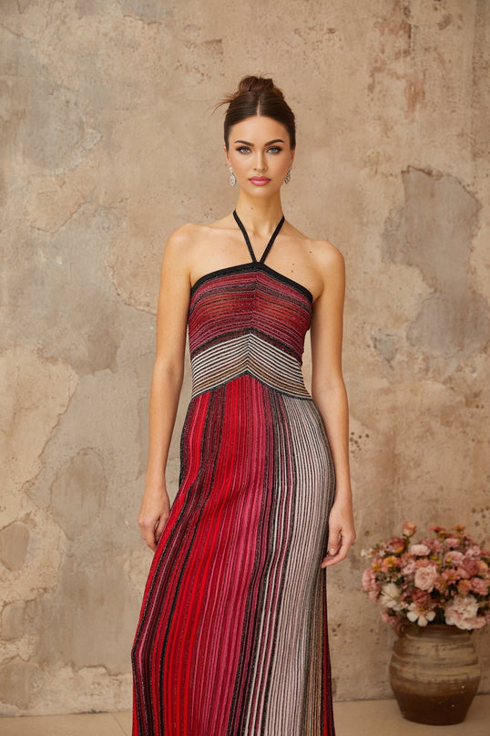 Laney Red Metallic Knit Halter Neck Maxi Dress