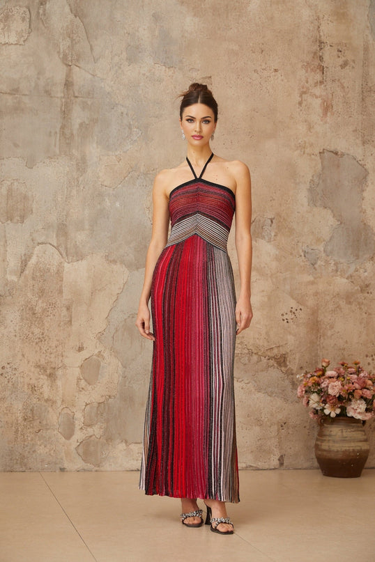 Laney Red Metallic Knit Halter Neck Maxi Dress