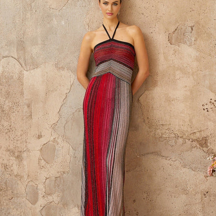 Laney Red Metallic Knit Halter Neck Maxi Dress