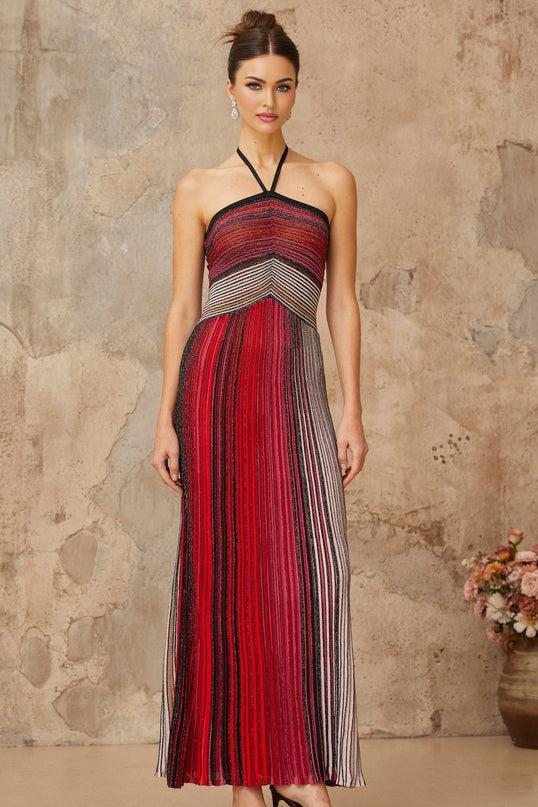 Laney Red Metallic Knit Halterneck Maxi Dress