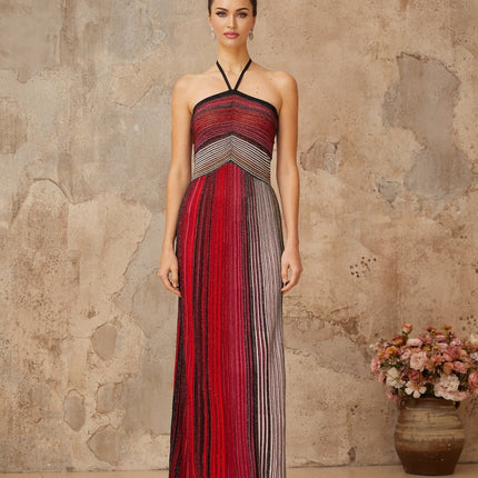 Laney Red Metallic Knit Halterneck Maxi Dress with Striped Pattern and Glitter Detailing