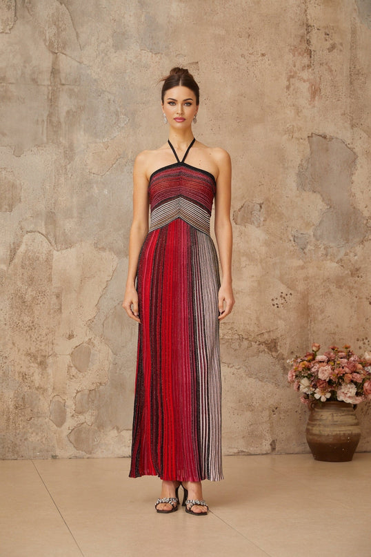 Laney Red Metallic Knit Halterneck Maxi Dress with Striped Pattern and Glitter Detailing