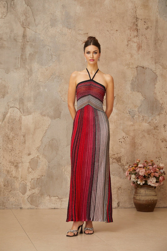 Laney Red Metallic Striped Maxi Dress