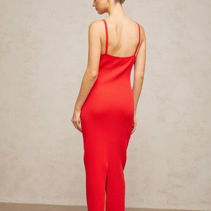 Laney Red Ribbed Knit Midi Dress V Neck Spaghetti Straps Pin Detailing Calf Length Straight Hem Slip-On Style Rear Slit 100% Terylene Fiber