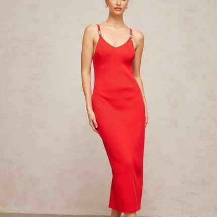 Laney Red Ribbed Knit Midi Dress V Neck Spaghetti Straps Sleeveless Pin Detail Straight Hem Rear Slit 100% Terylene Fiber