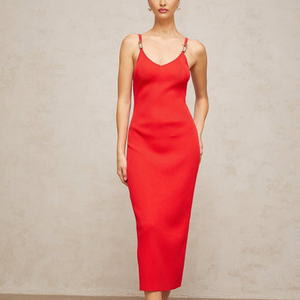 Laney Red Ribbed Knit Midi Dress V Neck Spaghetti Straps Pin Detailing Calf Length Straight Hem Rear Slit 100% Terylene Fiber
