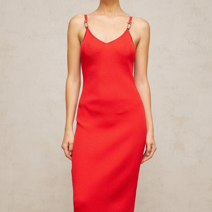 Laney Red Ribbed Knit Midi Dress V Neck Spaghetti Straps Pin Detailing Calf Length Straight Hem Rear Slit 100% Terylene Fiber