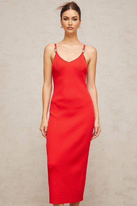 Laney Red Ribbed Knit Midi Dress V Neck Spaghetti Straps Pin Detailing Calf Length Straight Hem Rear Slit 100% Terylene Fiber