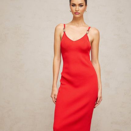 Laney Red Ribbed Knit Midi Dress V Neck Spaghetti Straps Pin Detailing Calf Length Straight Hem Rear Slit 100% Terylene Fiber