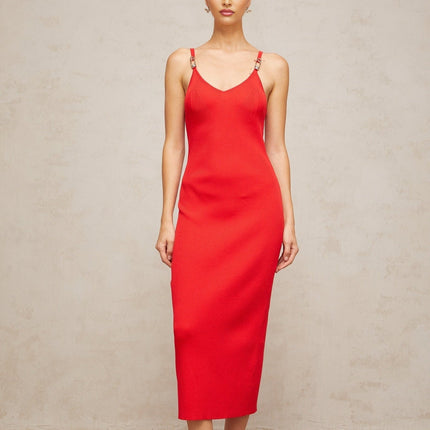 Laney Red Ribbed Knit Midi Dress with Pin Detailing and V Neck