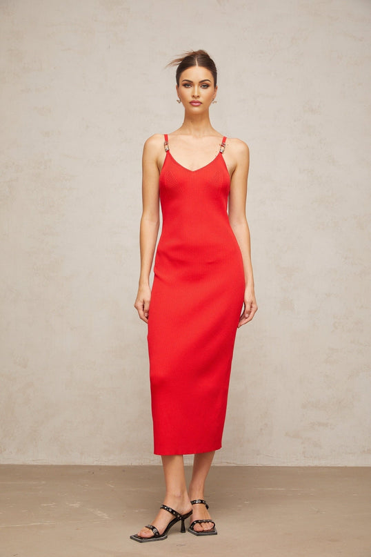 Laney Red Ribbed Knit Midi Dress with Pin Detailing and V Neck