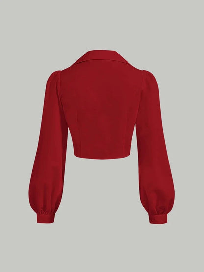 Lantern Sleeve Button Front Slim Fit Red ShirtLong Sleeve Tops