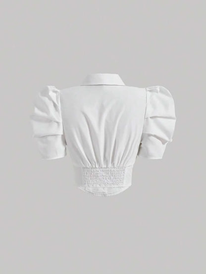 Lapel Collar Puff Sleeve Button Front Crop BlouseShort Sleeve Tops