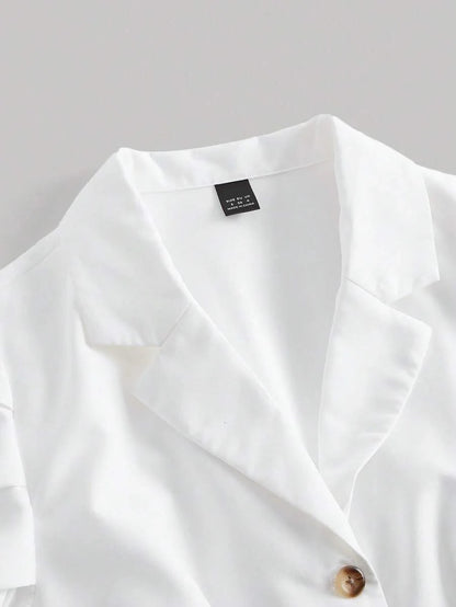 Lapel Collar Puff Sleeve Button Front Crop BlouseShort Sleeve Tops