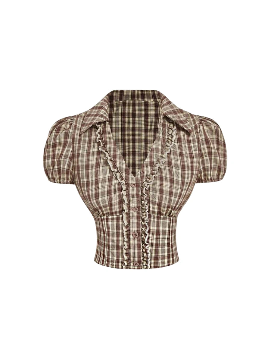 Hannah plaid ruffle blouse with puff sleeves, fitted waist, and vintage-inspired ruffle trim