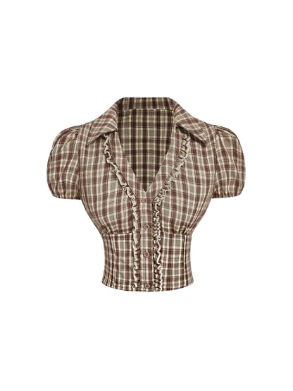 Hannah plaid ruffle blouse with puff sleeves, fitted waist, and vintage-inspired ruffle trim