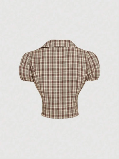 Lapel Front Ruffle Retro Plaid Shirt Going Out Shirt Bohemian Shirt Womens Holiday WearBeach