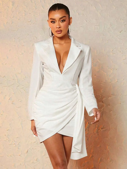 Lapel Neck Wrap Draped Side DressLadies Sexy AsymmetricalRuchedWrap Long Sleeve Lapel Regular Fit