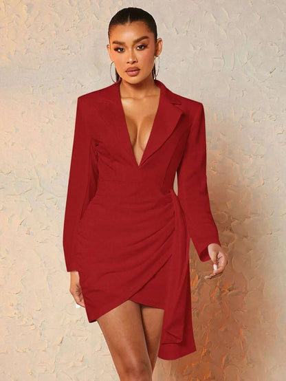 Lapel Plunging Neck Draped Wrap Hem Dress