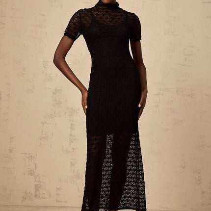 Laura Black Crochet Knit Detail Midi Dress