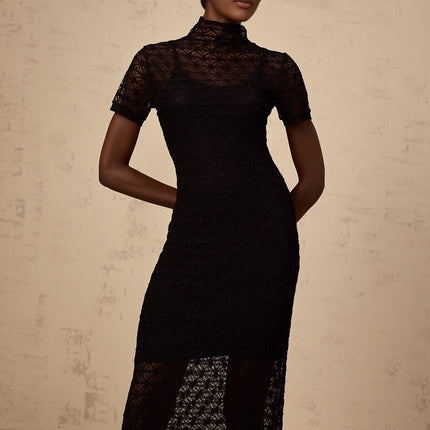 Laura Black Crochet Knit Midi Dress