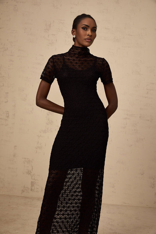 Laura Black Crochet Knit Midi Dress