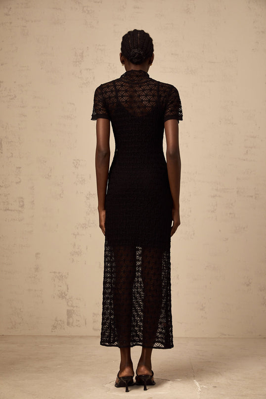 Laura Black Crochet Knit Midi Dress