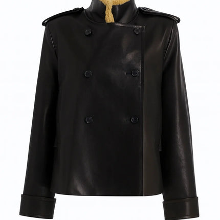 Laura Black Dress Streetwear Style Leather Jacket with Lamb Fur Accents