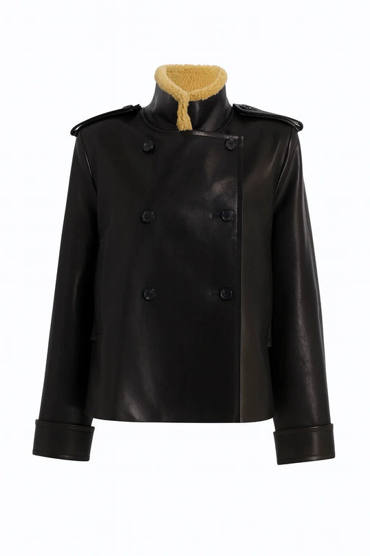 Laura Black Dress Streetwear Style Leather Jacket with Lamb Fur Accents