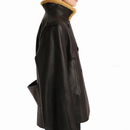 Laura Black Dress Streetwear Style leather jacket with lamb fur accents and patchwork pattern