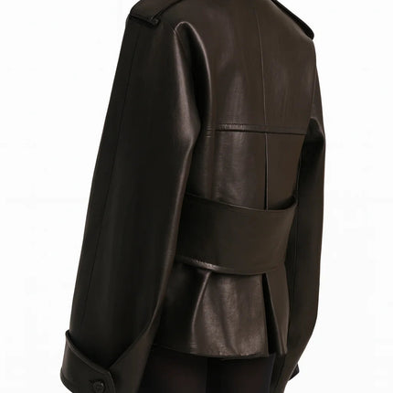 Laura wearing The Black Dress Streetwear Style women's leather jacket with lamb fur accents and patchwork pattern