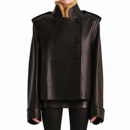 Laura Black Leather Jacket with Lamb Fur Accents Streetwear Style
