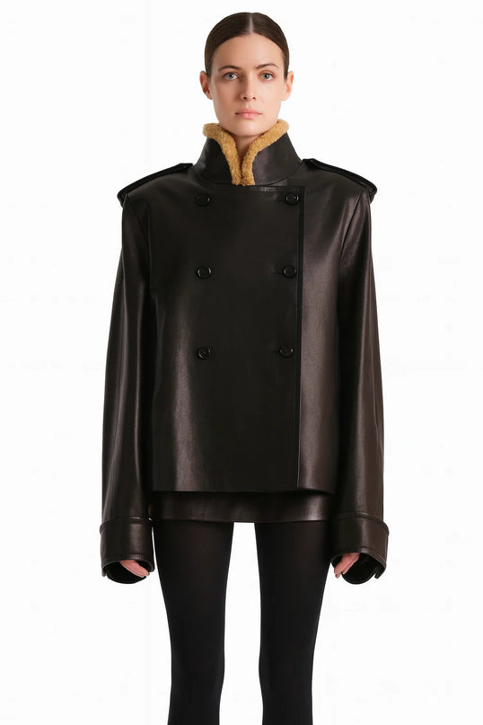 Laura Black Leather Jacket with Lamb Fur Accents Streetwear Style