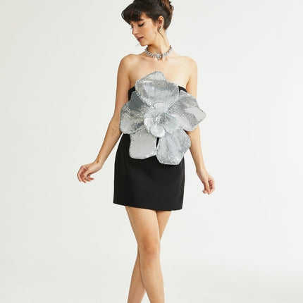 Laura Black Silver Sequin Flower Mini Dress