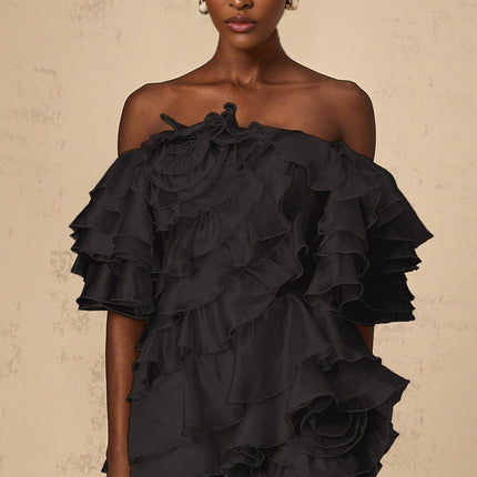 Laura Black Tulle Mini Dress with Asymmetric Ruffle and Floral Appliqué