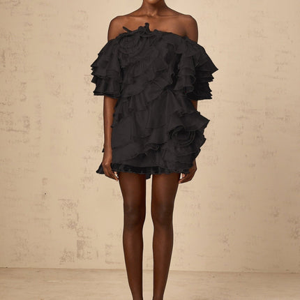 Laura Black Tulle Mini Dress with Asymmetric Ruffle and Floral Appliqué
