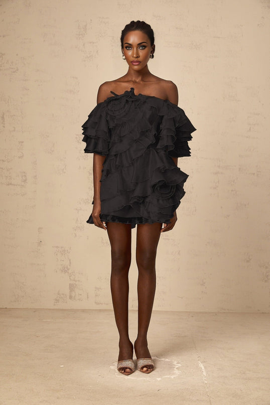 Laura Black Tulle Mini Dress with Asymmetric Ruffle and Floral Appliqué