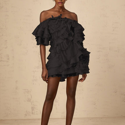 Laura Black Tulle Mini Dress with Asymmetric Ruffle and Floral Appliqué