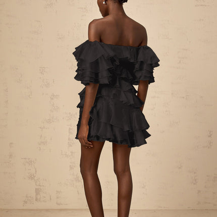 Laura Black Tulle Mini Dress with Asymmetric Ruffle and Floral Appliqué