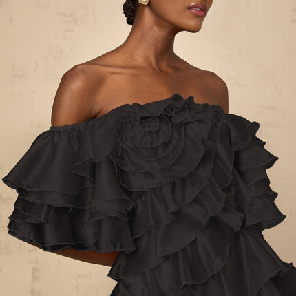 Laura Black Tulle Mini Dress with Asymmetric Ruffle and Floral Appliqué