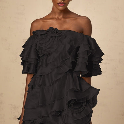 Laura Black Tulle Mini Dress with Asymmetric Ruffle and Floral Appliqué