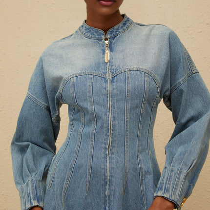 Laura Blue Denim Flared Mini Dress Crew Neck Long Sleeve
