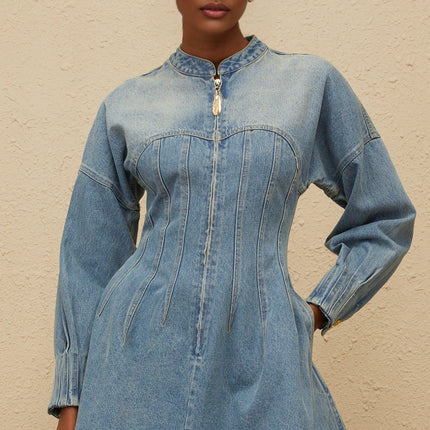 Laura Blue Denim Flared Mini Dress Crew Neck Long Sleeve
