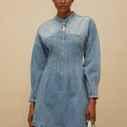 Laura Blue Denim Flared Mini Dress Crew Neck Long Sleeve 100% Cotton