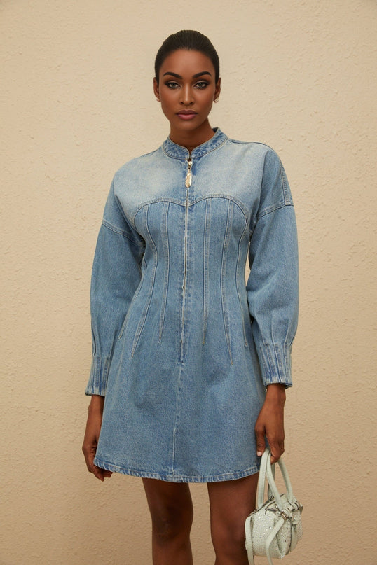 Laura Blue Denim Flared Mini Dress Crew Neck Long Sleeve 100% Cotton