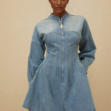 Laura Blue Denim Flared Mini Dress Crew Neck Long Sleeve 100 Percent Cotton