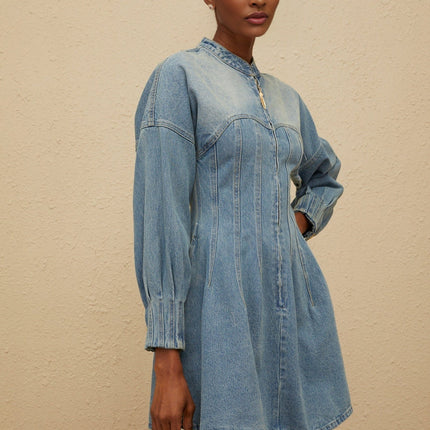Laura Blue Denim Flared Mini Dress Crew Neck Long Sleeve 100% Cotton