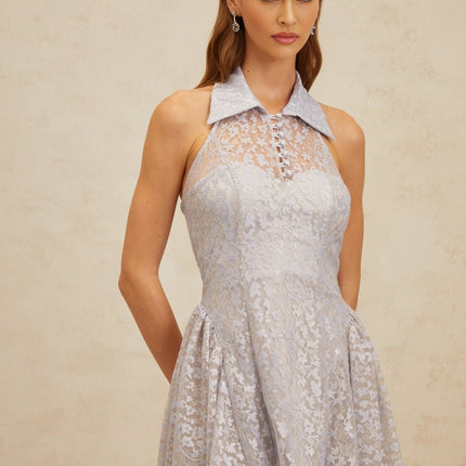 Laura Blue Halterneck Lace Mini Dress with Puff Skirt